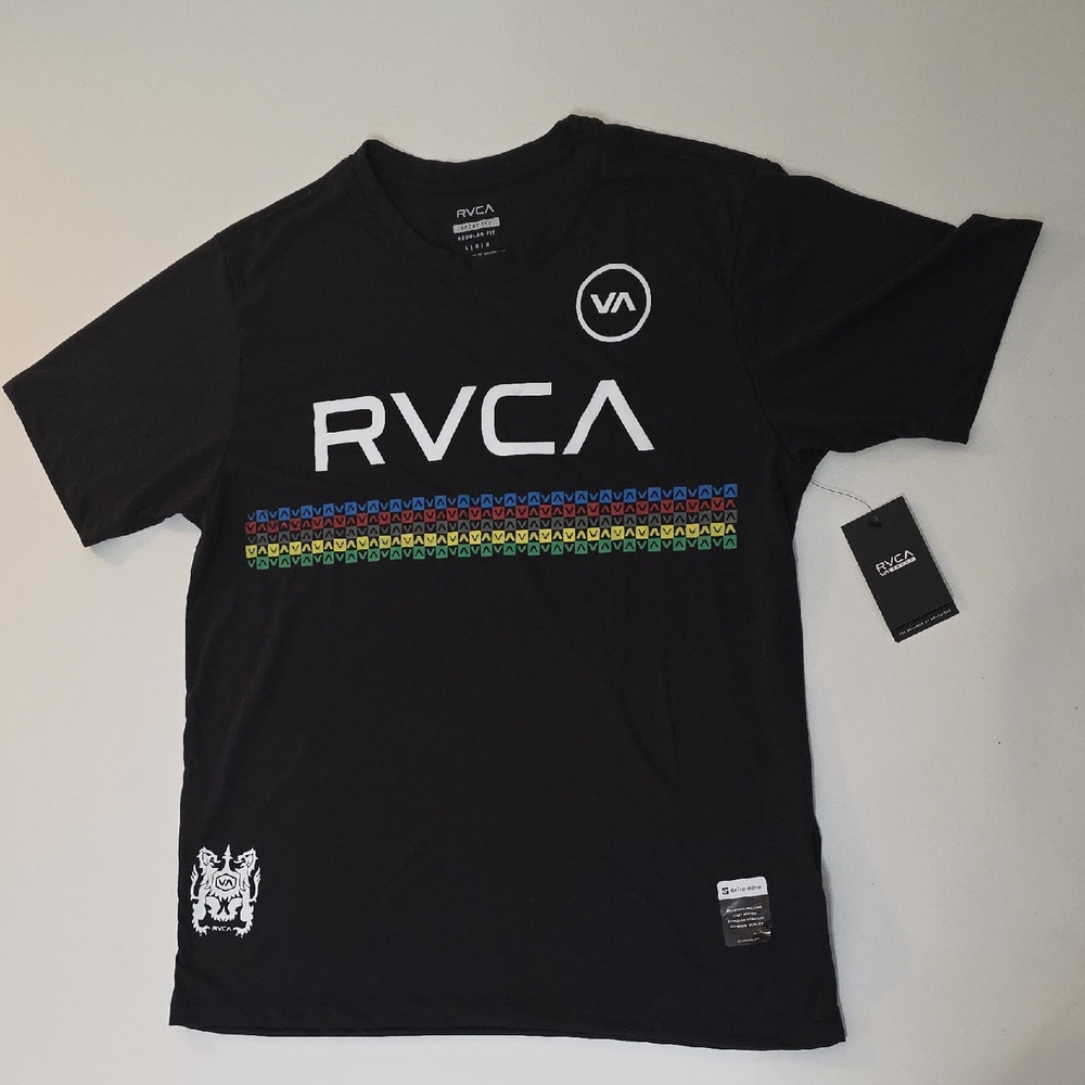 NWT Men's Large RVCA Sports Short Sleeve T-Shirt. Black w/Rasta Colors/Graphics
